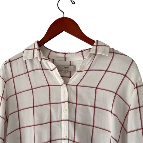 LOFT Lightweight Pink, White Check Button Down Collared High Low Shirt, M - Picture 2 of 14